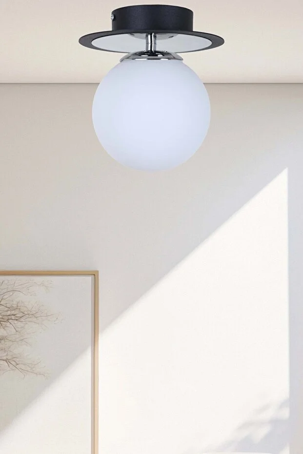 Alora Siyah Krom Beyaz Camlı Plafonyer Avize